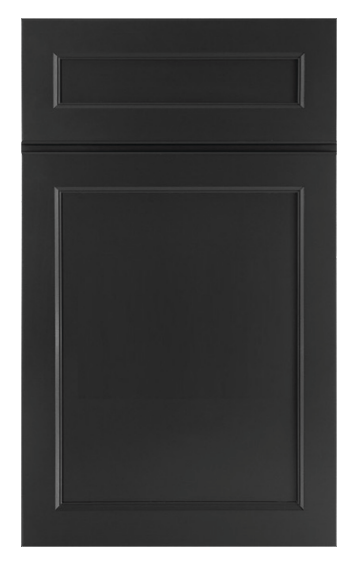Matte black cabinet door with a recessed panel design.