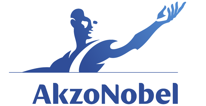 Blue stylized figure with raised arm above text 'AkzoNob'.